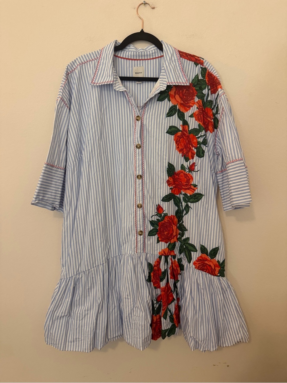 Maeve Bubble Mini Shirt Dress Size XL Striped Red Floral Preppy Boho
